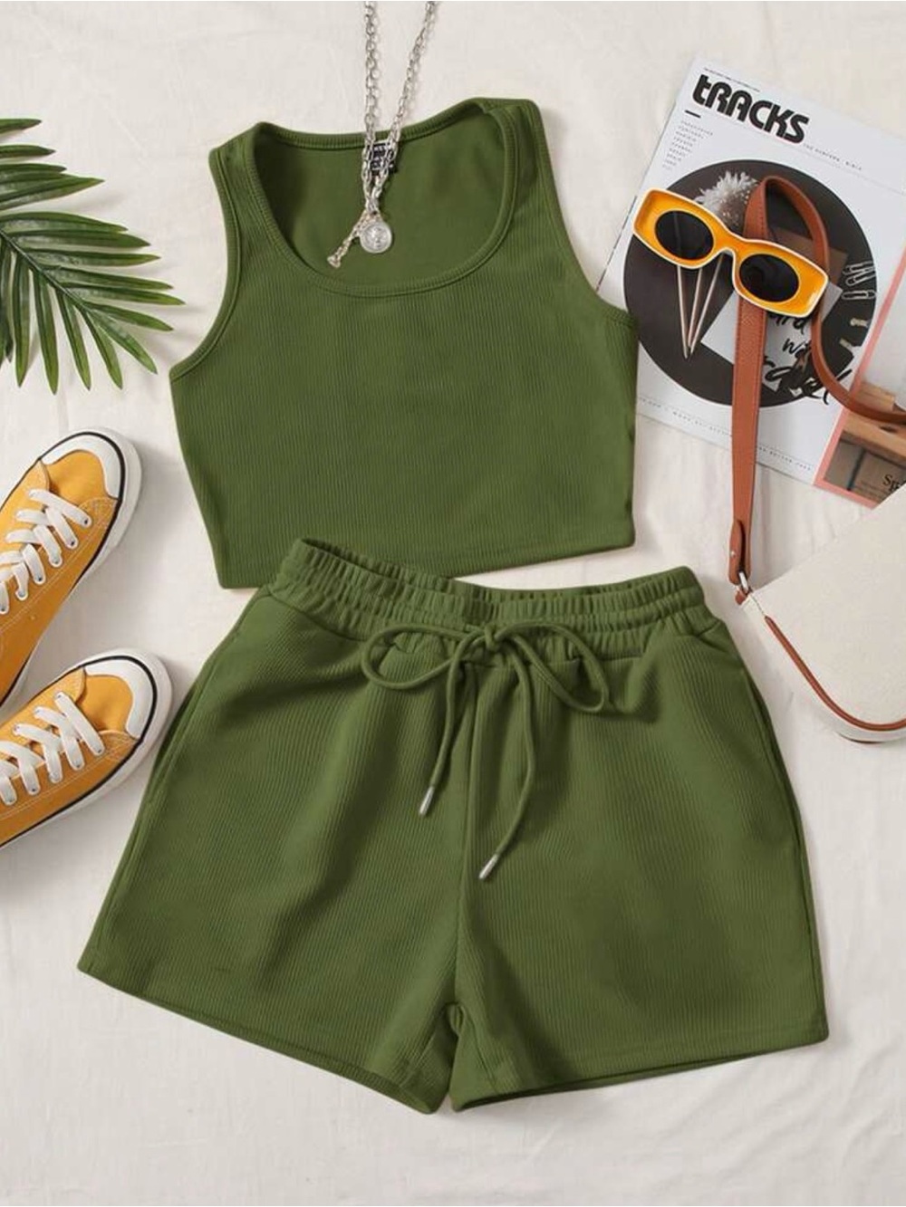 Olive Green Ribbed Drawstring Women’s Lounge Set